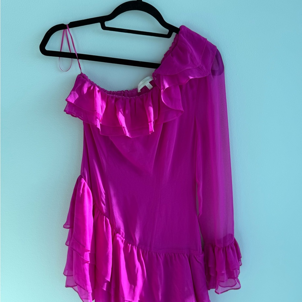 LoveShackFancy One-Shoulder Ruffle Mini Dress - Hot Pink